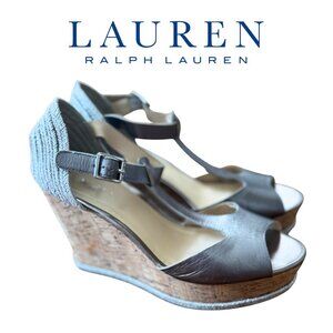 LAUREN RALPH LAUREN Chic Silver Metallic Cork Wedge Sandals Espadrille Heels